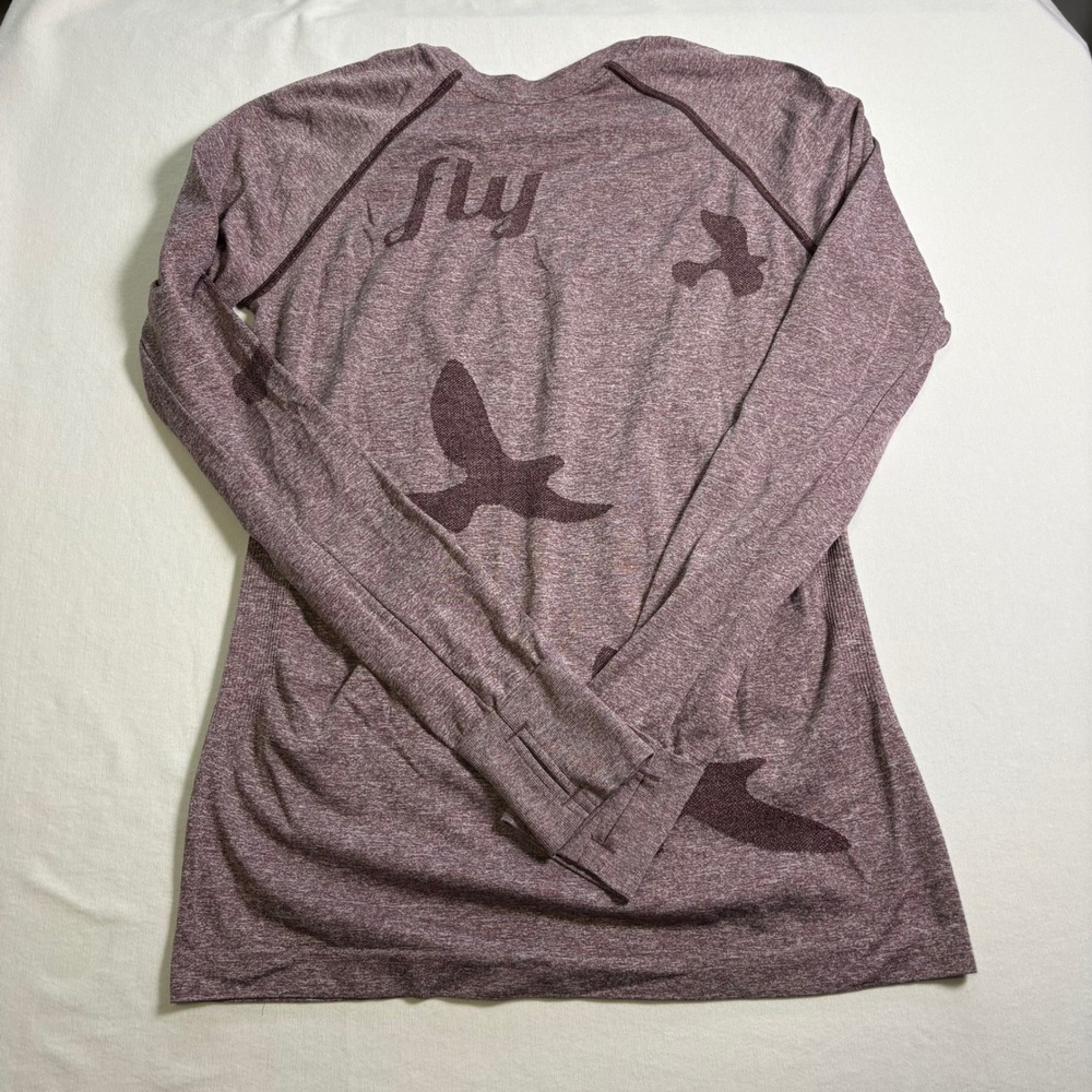 Oiselle Flyout Long Sleeve Top Size L Purple Bird Graphic Running Shirt MSRP $72 - Picture 5 of 6